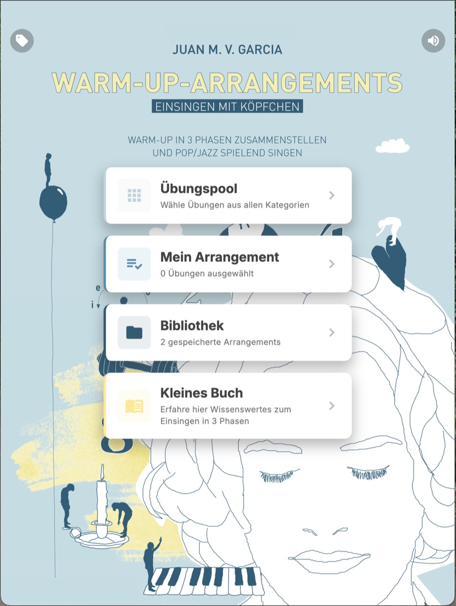 Startbildschirm der App mit den vier Bereichen Übungspool, Mein Arrangement, Bibliothek und Kleines Buch